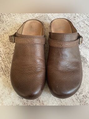 Dansko Brown Leather Slip-On Clogs with Buckle Strap